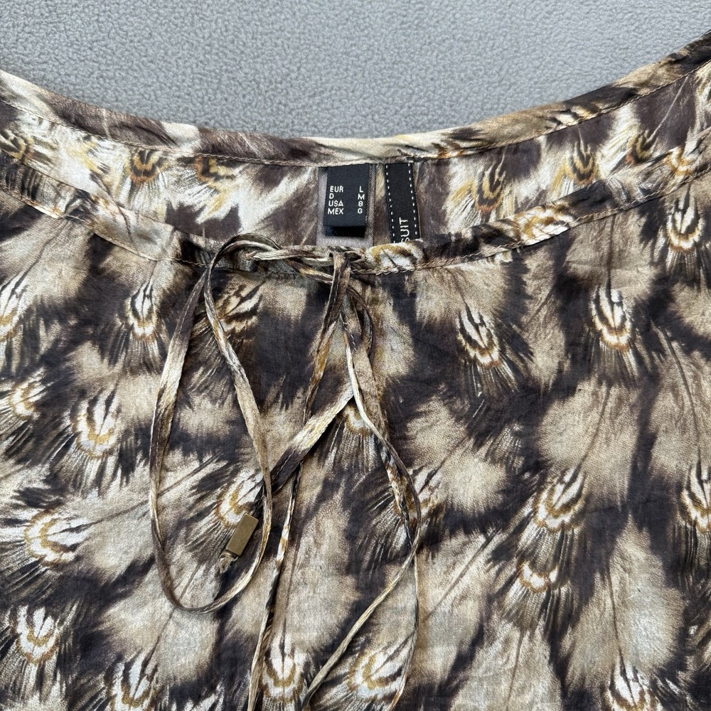 Mango MNG Suit Blouse Womens 8 Large Brown Silk Balloon Sleeve Peacock‎ Feather - Picture 3 of 15